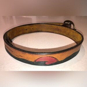 Vintage Ocean Sunset Embossed Tan Leather Belt - Unisex - M/L